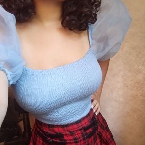 Forever 21 puffy sleeve waffle stitch crop top